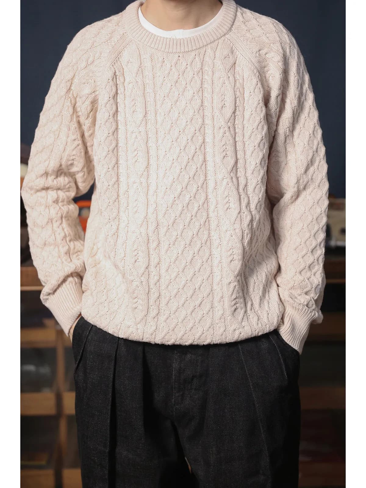Twisted Sweater British Retro Thick Needle Cable Knit Wool Blend Fisherman Crew Neck Sweater