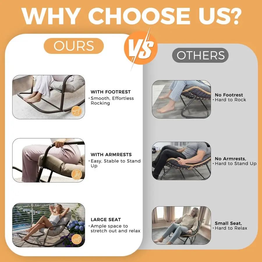 Poltrona a dondolo reclinabile beige oversize per interni ed esterni con braccioli e poggiapiedi per riposino e relax, resistente per patio