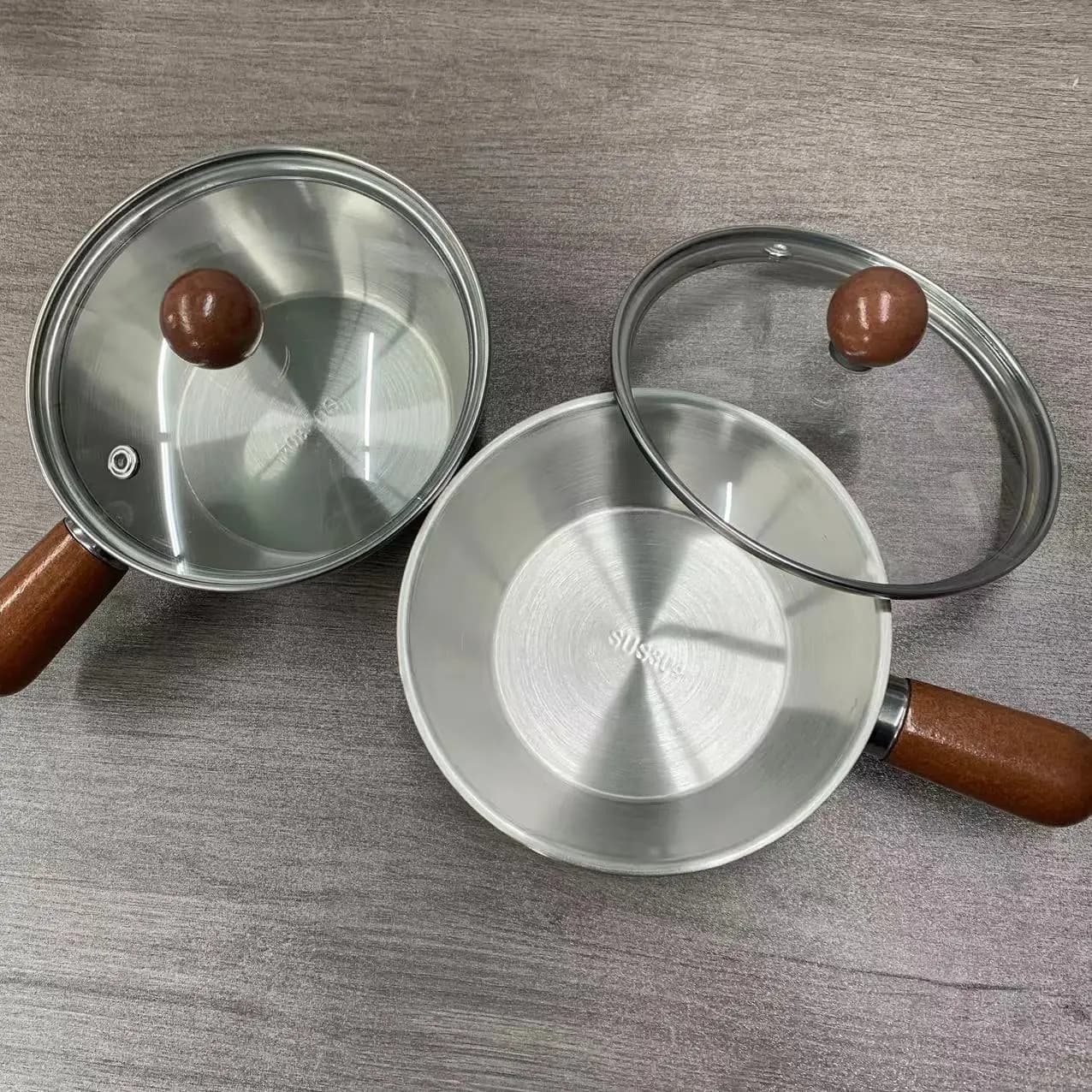 Pentola compatta in acciaio inossidabile con manico in legno per friggere le uova e riscaldare il latte - Pentola da cucina