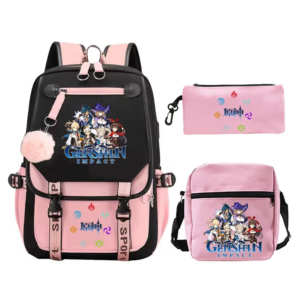 3Pcs Anime Genshin Impact Backpack With Shoulder Bag Pencil Case Set Children Bookbag High Quality Women Outdoor Travel Backpack