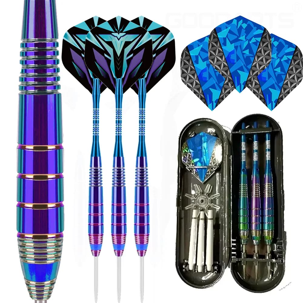 Set di freccette professionali da 3 pezzi 24G con punta in acciaio metallico Freccette a botte arcobaleno con protezione per albero in nylon Set di freccette + 3 voli per freccette extra