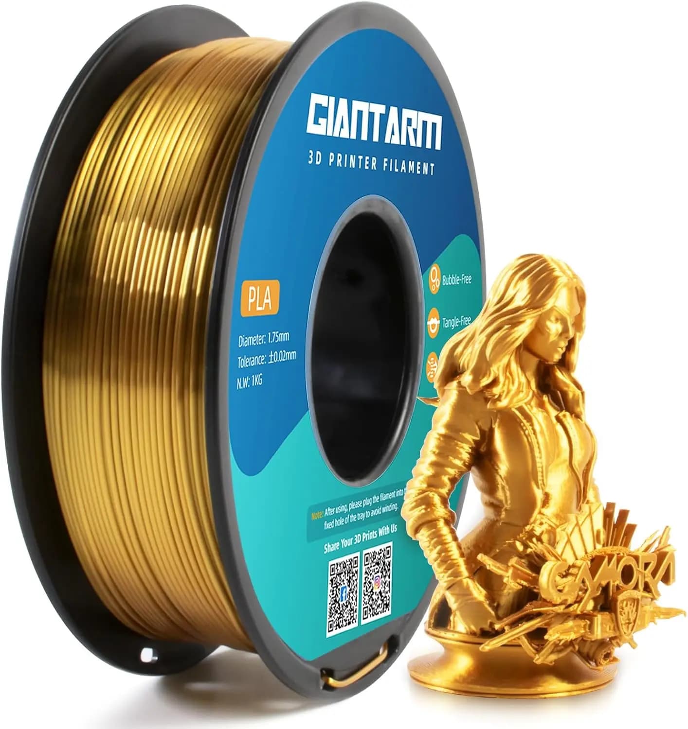 PLA Silk Gold Filament, 1Kg Coil, 1.75mm High Precision +/-0.03mm for 3D Printing Fluid