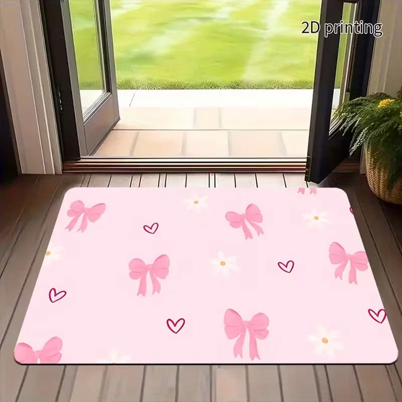 Cute Pastel Pink Bow Heart Daisy Doormat Soft Coquette Aesthetic Pattern Non Slip Entry Rug For Bedroom Porch Dorm Room Decor