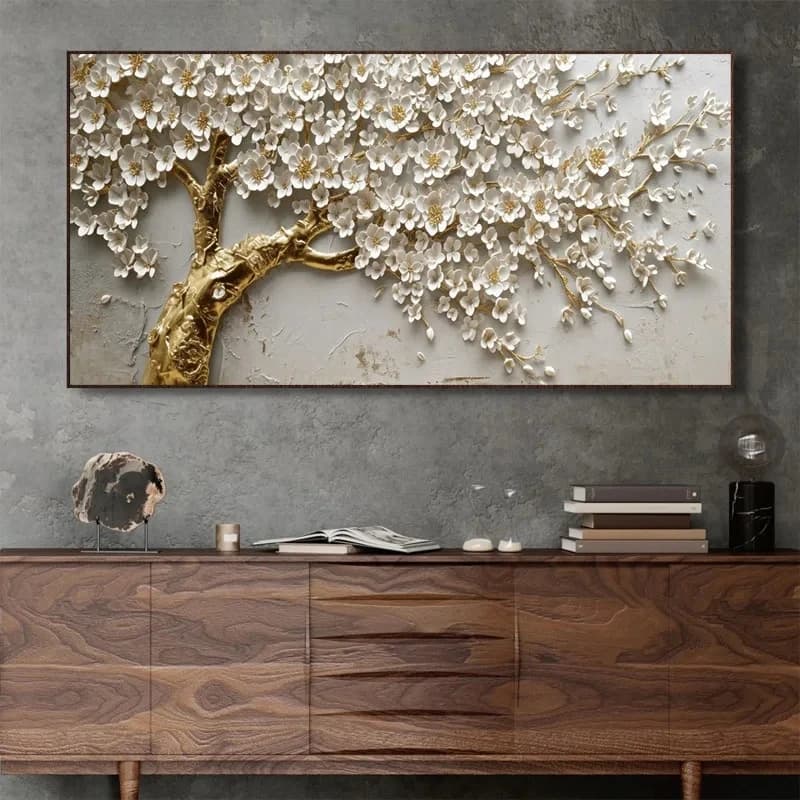 White Golden Flower Tree Posters and Stamps, Painted Abstract on Canvas, Wall Panels for Living, Home Decoration, Gift