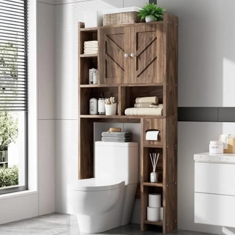 Mobiletto Salvaspazio da Bagno Sopra il WC, Organizzatore Indipendente con Ripiano Regolabile e Porta Carta Igienica, Finitura in Legno di Noce