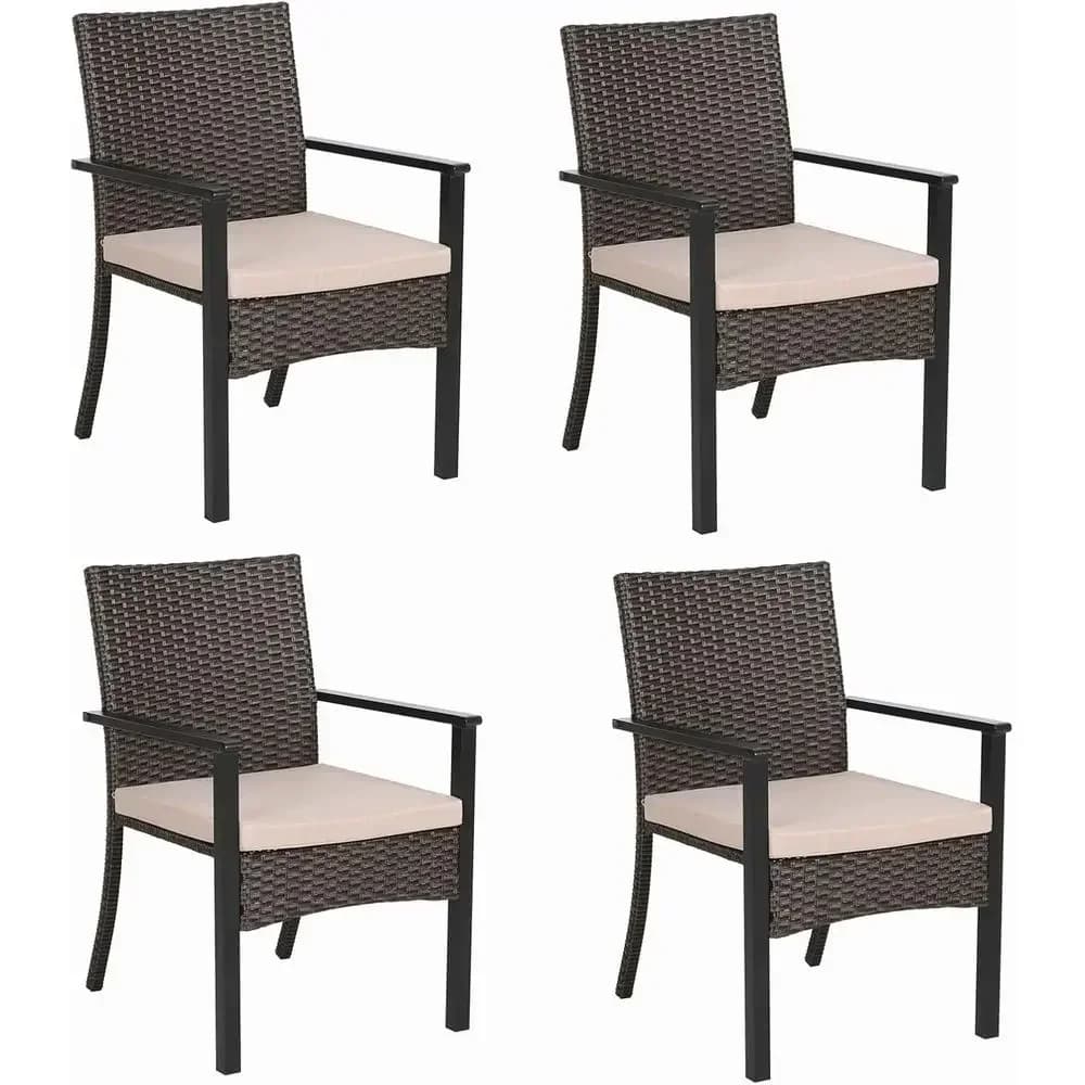 Set of 4 Wide Outdoor Dining Chairs with Cushions, Rattan Patio Furniture for Deck or Porch