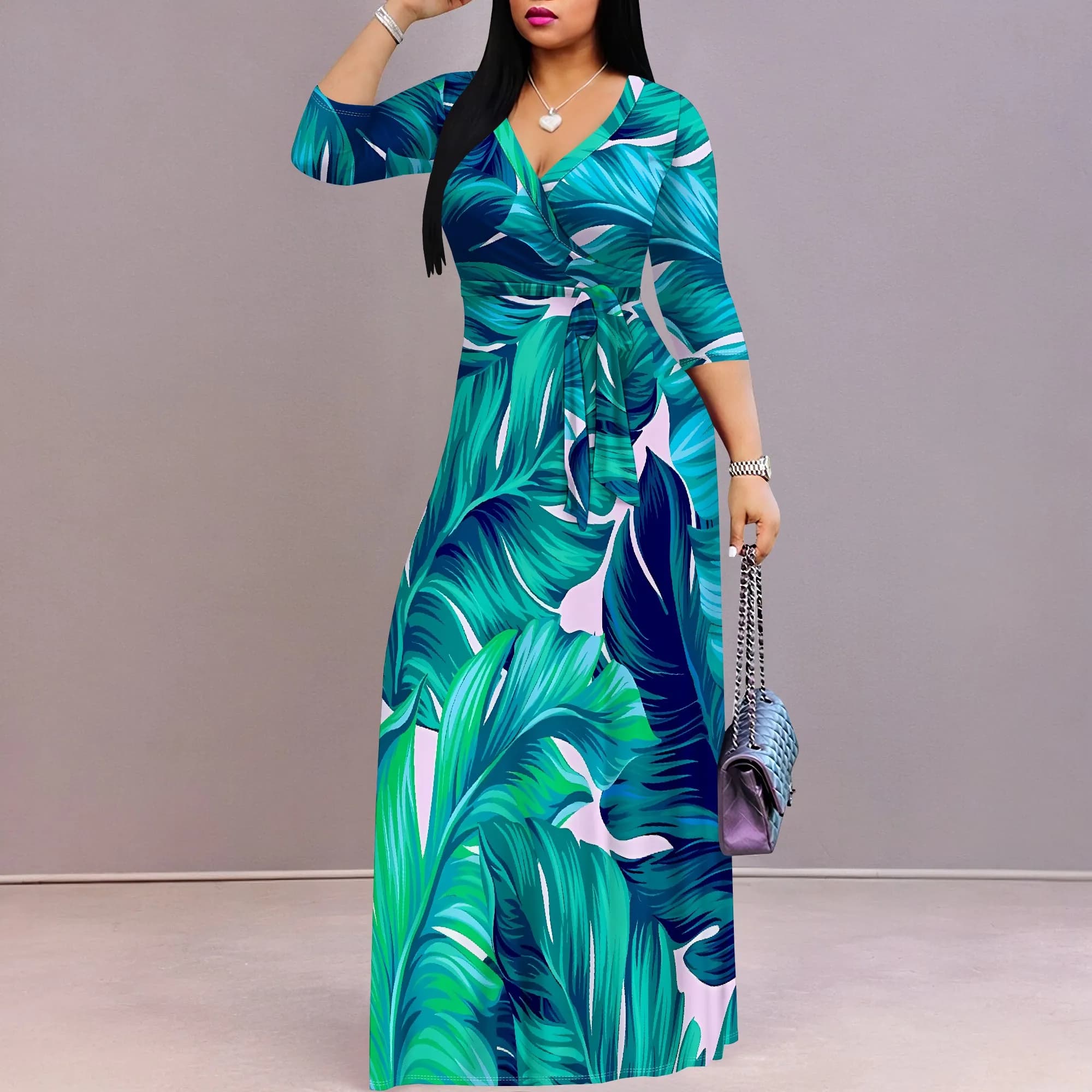 Holiday wrap dress with V-neck - Floral dress with adjustable waist tie, tropical resort clothing for women