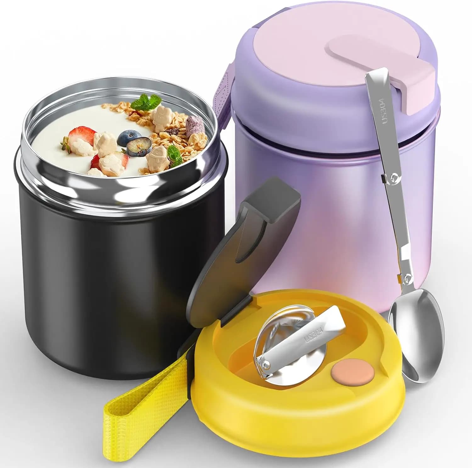 Thermo for Hot Food Kids - 15.8oz, Leak proof Soup Container, Wide Mouth Insulated Food Jar with Stainless Steel Folding Spoon and Handle, Lunch box, Black + Purple