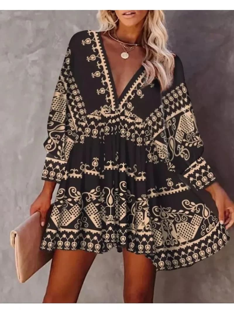New Women's Spring Loose V-neck Full Body Printed Fashion Short Skirt Pullover Long Sleeve Dress Bodycon Dress Summer Dress