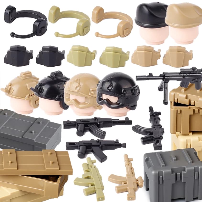 MOC Militare SWAT Figure Accessori Building Blocks Pistola Armi Ginocchiere Cuffie Caschi Scatola Contenitore Mattoni Giocattoli Ragazzi Regalo
