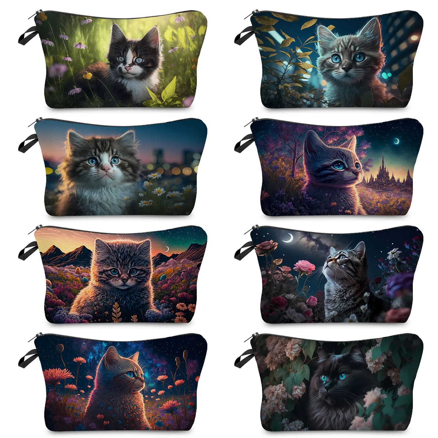 Borse per cosmetici da donna astuccio pratico con stampa animalier borsa per il trucco da viaggio portatile organizzatore regalo con motivo a gatto a fiori graziosi