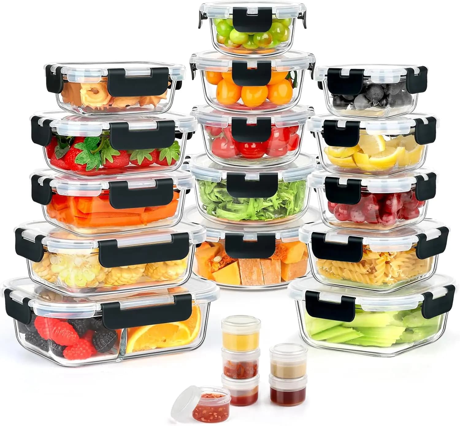 Set of 42 Glass Containers for Foods with Airtight Closing Covers, Containers for BPA-Free Pasti Preparation in Black
