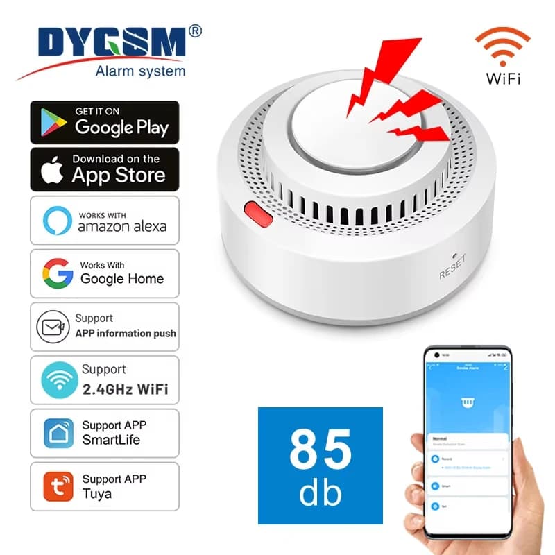 360 ° Rilevamento completo, rilevatore di fumo WiFi Tuya Smart, monitoraggio remoto della sicurezza domestica, compatibile con Alexa e Google