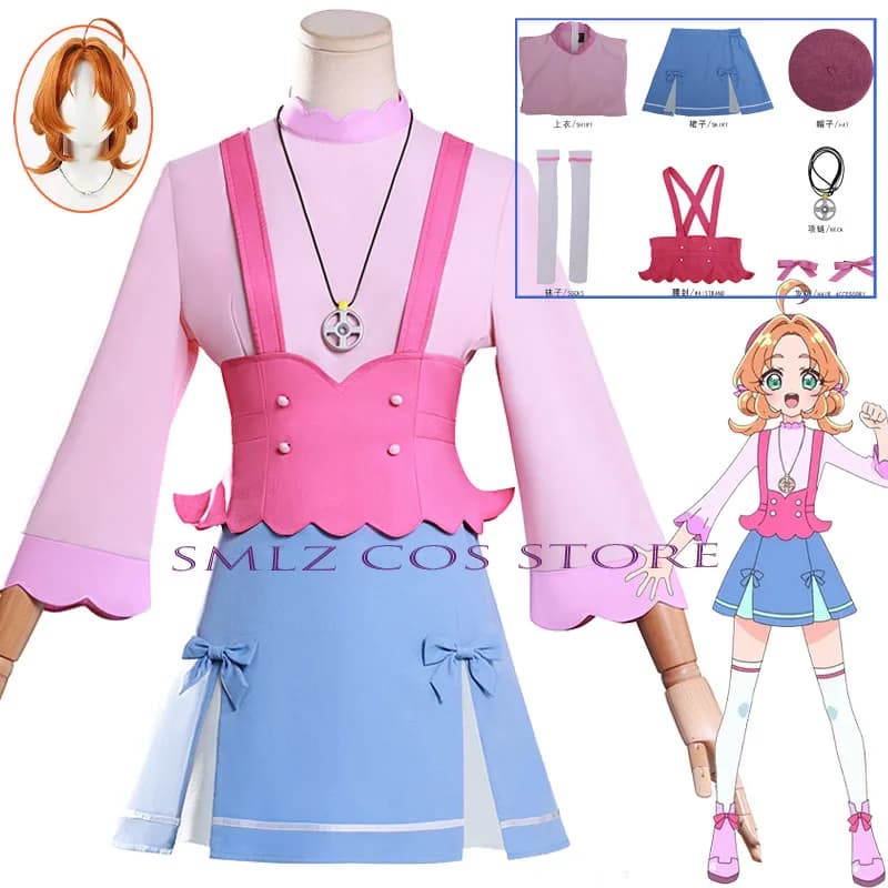Costume Cosplay Anime Pretty Cure Akechi Anna, Top Rosa, Abito da Principessa, Cappello, Set Parrucca, Outfit per Feste e Giochi per Donna, Uniforme