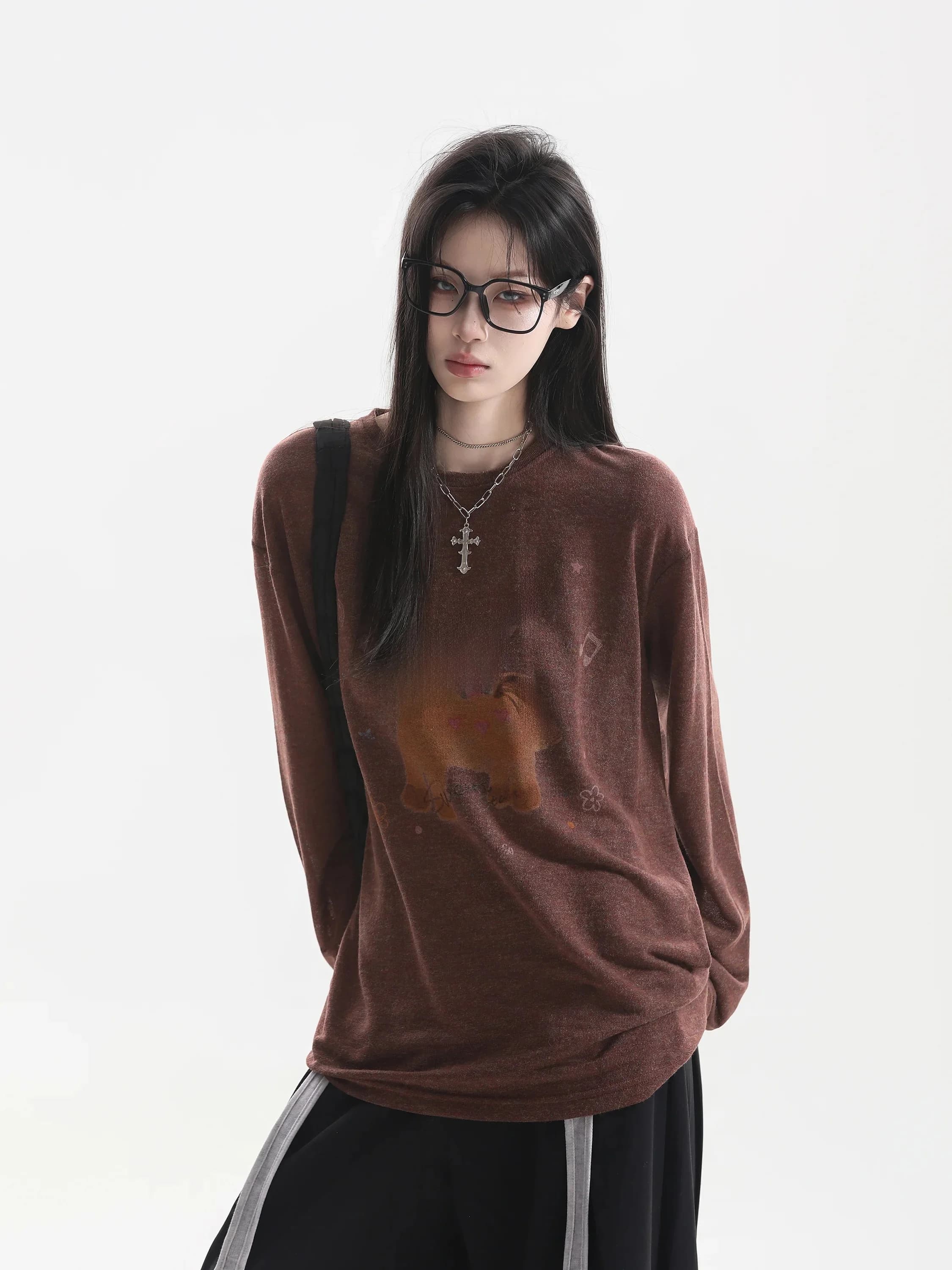 Retro American Creative Long Sleeve T-Shirt Women Summer Thin Lazy Style Sunscreen Cover up Casual Loose Fit round Neck