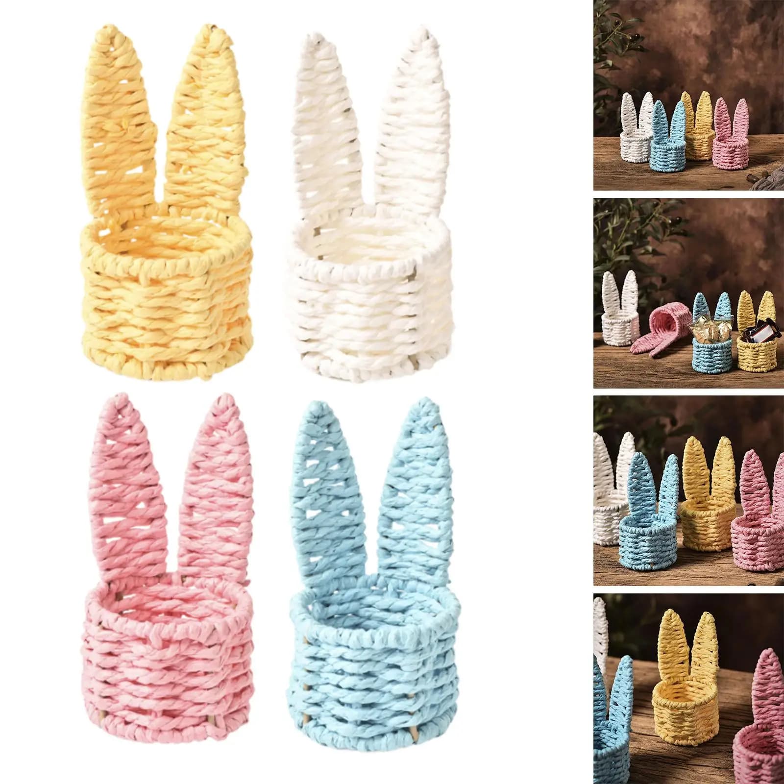 Cesto portaoggetti intrecciato a mano, simpatico organizer leggero e traspirante con orecchie di coniglio, borsa per uova di Pasqua, cestini portatili per scrivania e giardino