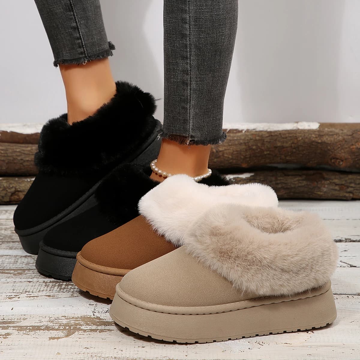 Women Winter Fur Shoes Retro Ankle Boots Platform Slippers Home Warm Fashion Slippers Women Outdoor Comfortable Slides Women