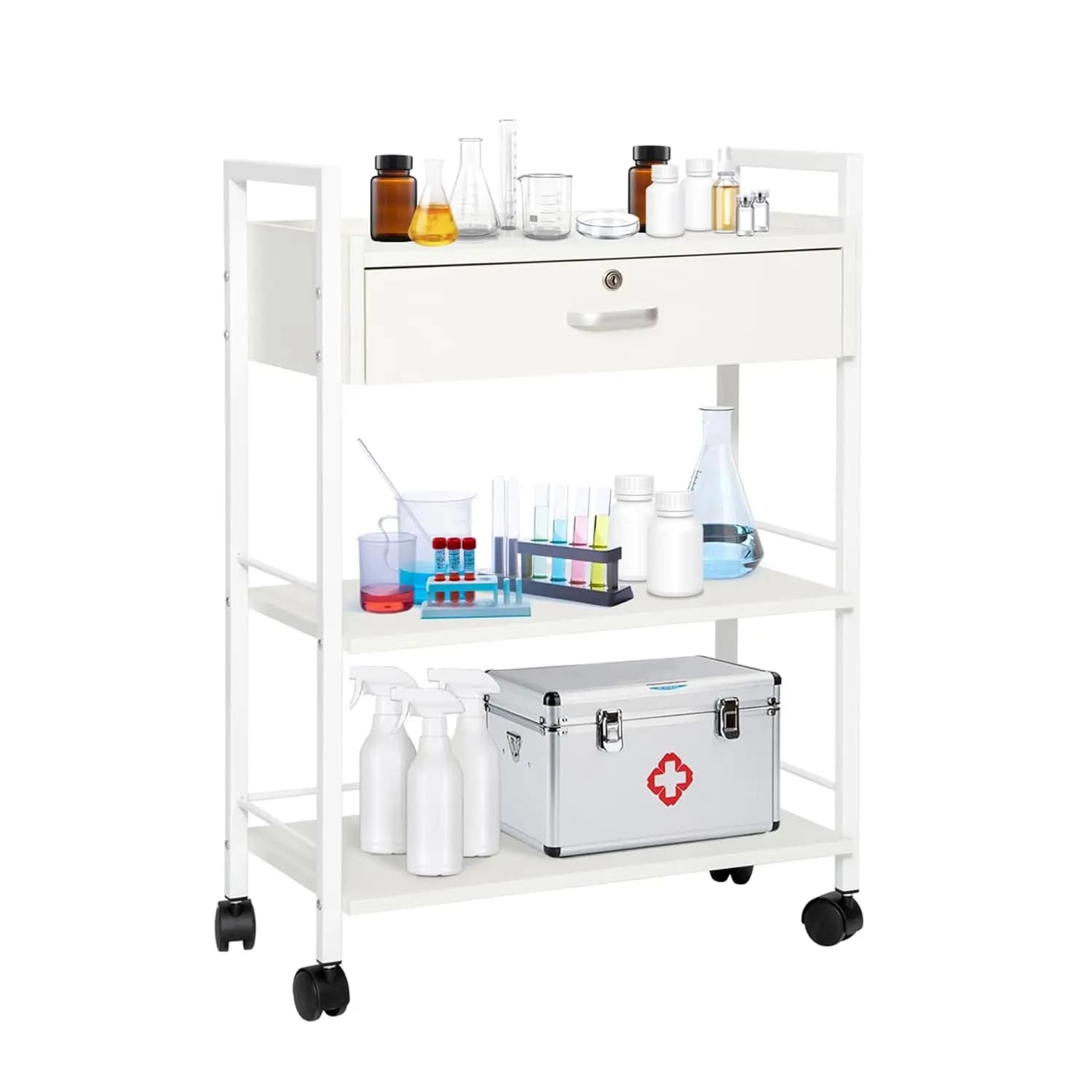 Carrello da Salone a 3 Ripiani su Ruote, Mobiletto Mobile in Legno per Uso Medico, Dentistico ed Estetico con Struttura in Acciaio, Personalizzabile