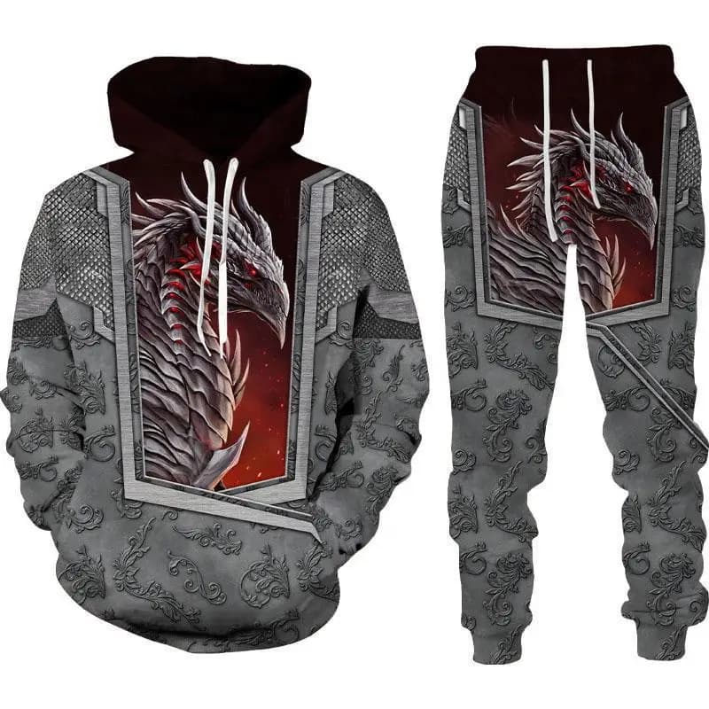 Set of Hoodies and Pants with 3D Print Fashion Dragon, Two Piece Hip-hop for Men and Women