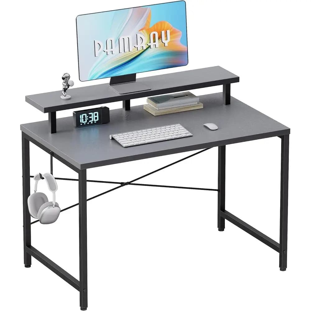 Scrivania Compatta Grigia da 32 Pollici con Supporto per Monitor, Ideale per Piccoli Spazi, Studio per Bambini, Tavolo da Scrittura o Camera da Letto
