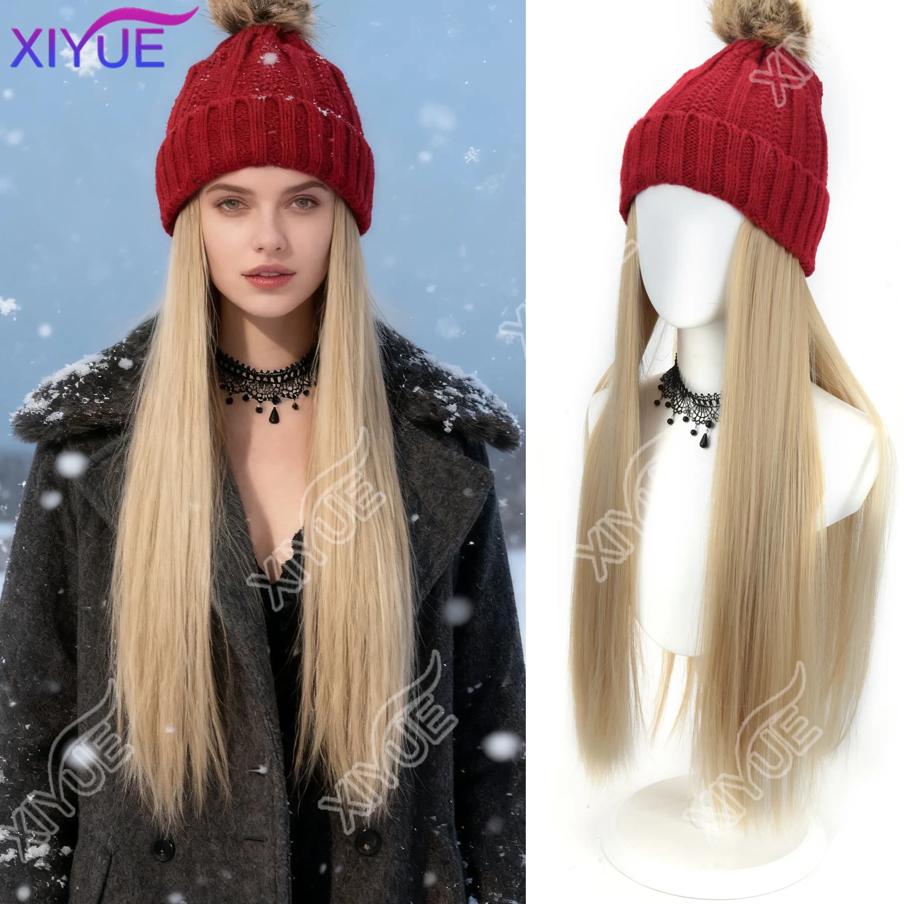 XY Parrucche per cappelli dritti Berretto con parrucca per capelli Parrucca diritta dorata Collegare i capelli sintetici Berretto autunno inverno lavorato a maglia in peluche caldo da donna