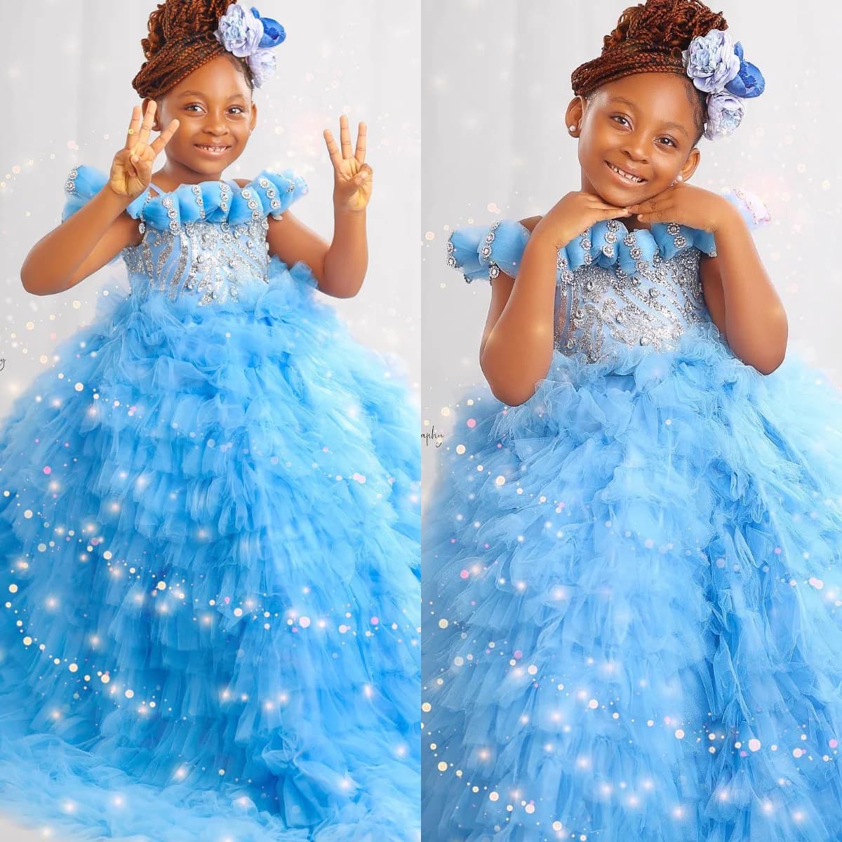 Abito da compleanno per ragazze azzurro personalizzato con volant di perline Abiti per ragazze di fiori per abiti da servizio fotografico per bambini da principessa