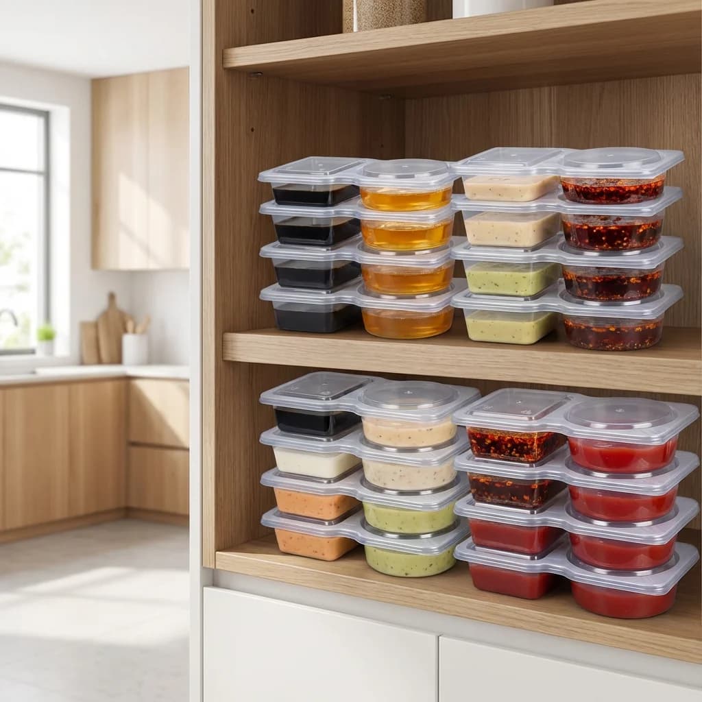 Confezione da 20 Contenitori per Salse Divisi, Ermetici e per Alimenti, Coppette Riutilizzabili per Salse per Picnic, Barbecue, Asporto e Uso Domestico