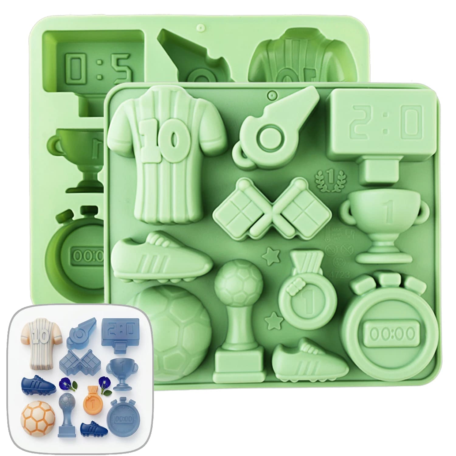 1 Green Football-Themed Silicone Baking Mold, Featuring Designs Such as Trophy, Number 10 Jersey, Soccer Shoes, Scoreboard, Etc., Can Be Used to Make Cupcakes, Chocolate, Cake Decorations, Ice Cubes, Candy, Etc., Food-Grade Silicone, Non-Stick and Easy to Demold, DIY Baking Tools for Beginners, Creative Baking Mold