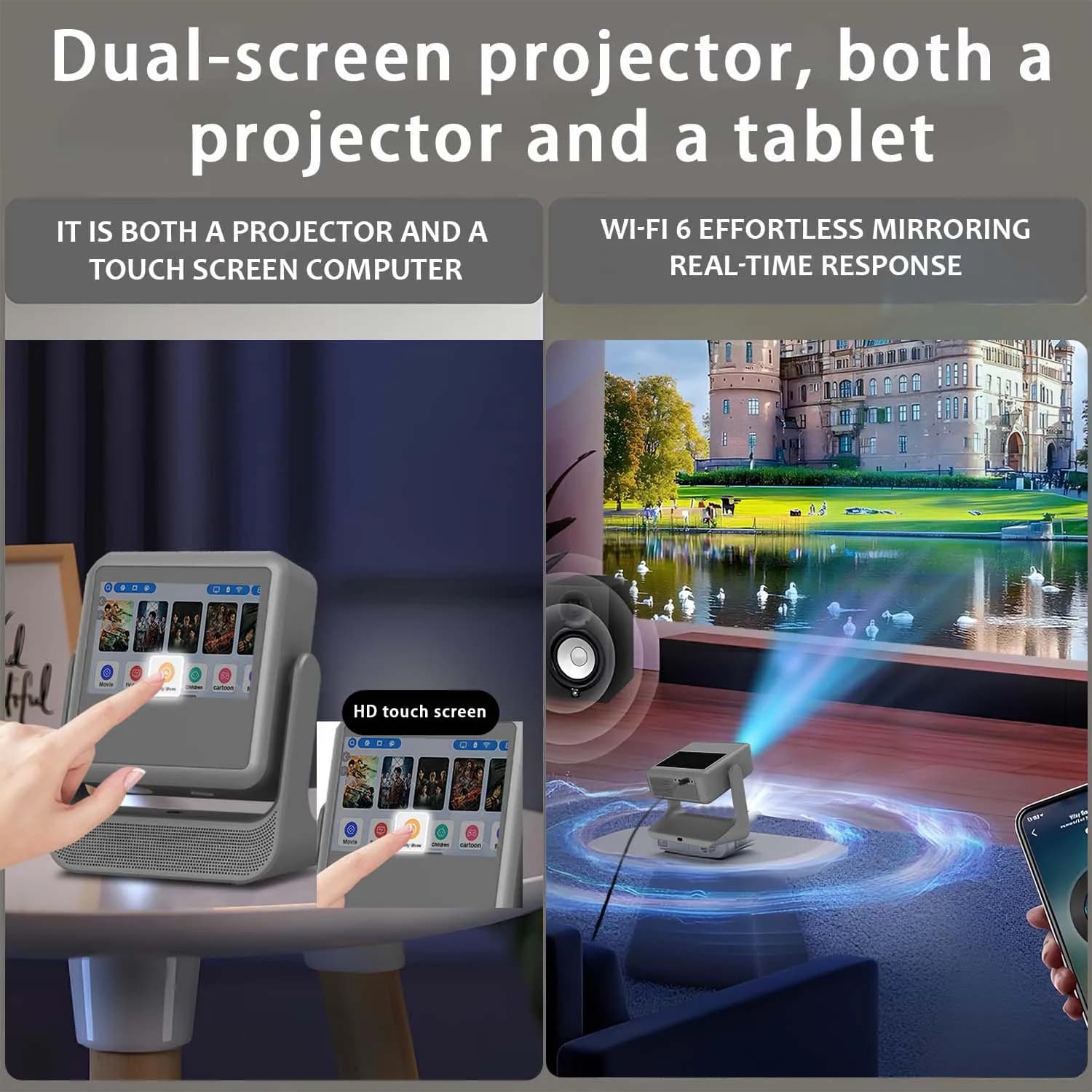Sports Viewing Projector 7in Touch Screen 1080P 4K 180° Rotation Auto Focus WiFi BT Android12 Multi Interface Home Outdoor Use
