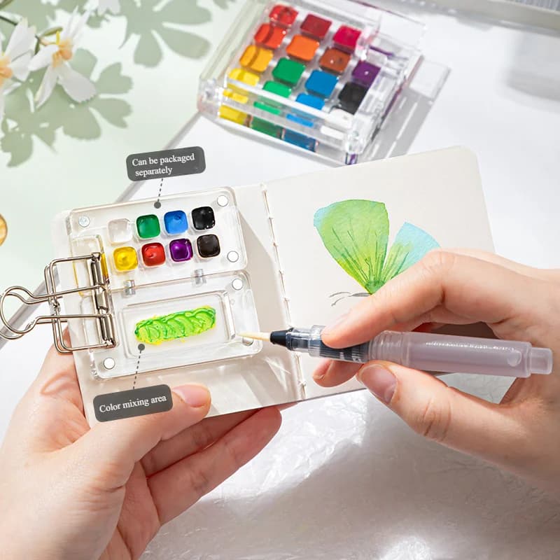 Portable Mini Watercolor Palette Set with Travel Sketchbook, Acrylic Paint Box for Outdoor Sketching & on-the-Go Art Creation