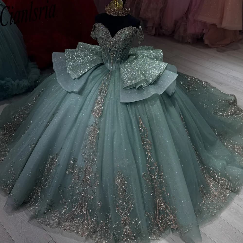 Sage Green Quinceanera Dresses Ball Gown Strapless Sweet 16 Vestido de 15 Anos Gold Sequins Sparkly Puffy Prom Dress