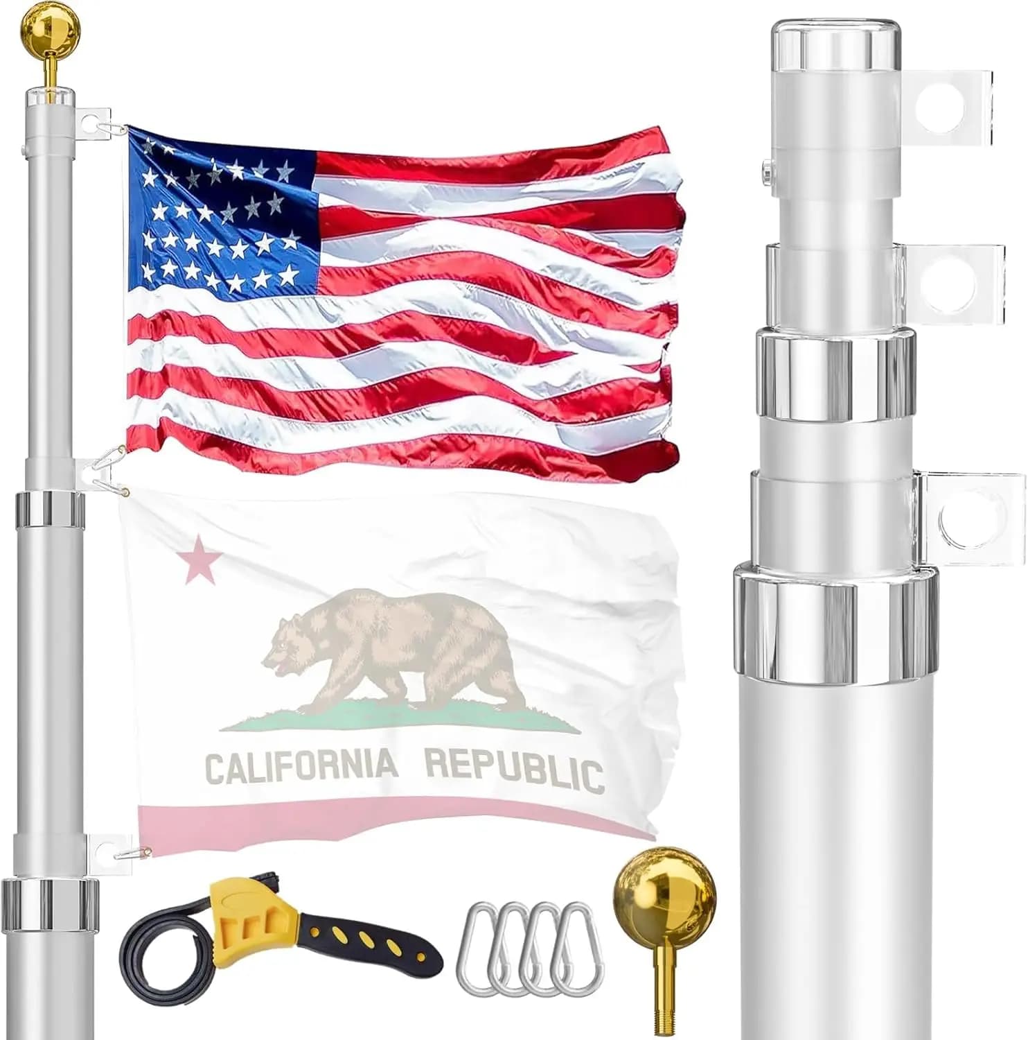 Kit Asta Telescopica per Bandiera Resistente da 16 Piedi, in Alluminio Incurvabile per Esterni con Bandiera Americana 3x5