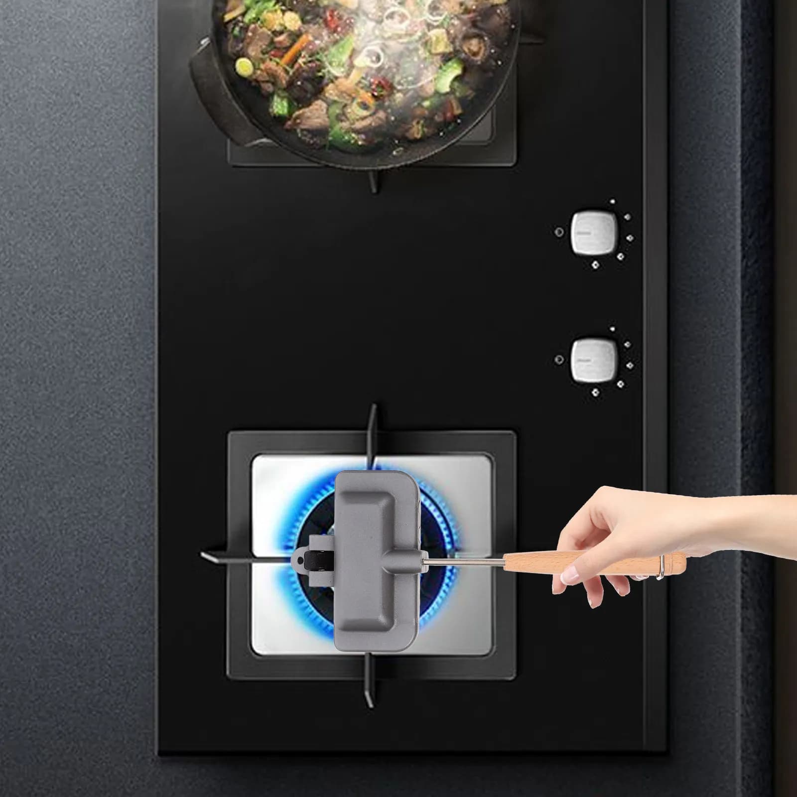 Teglia Antiaderente per Sandwich, Doppia Faccia in Lega di Alluminio, Utensile da Cucina in Legno, Vassoio per Friggere il Pane