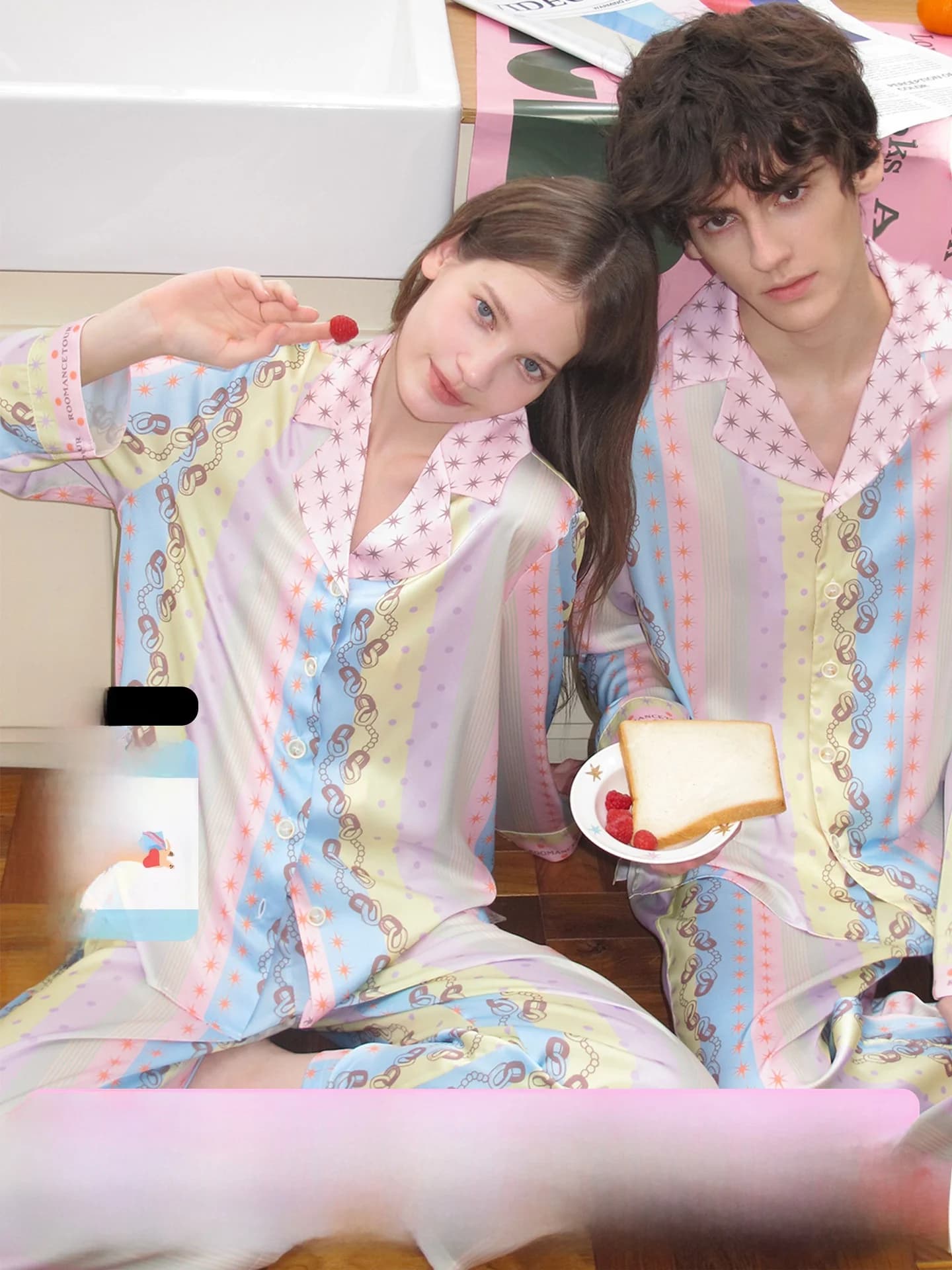 Set Pigiama Originale RooMance in Seta Ghiaccio a Righe Colore Chiaro per Uomo e Donna, Abbigliamento da Casa Estivo Comodo, Maniche Lunghe