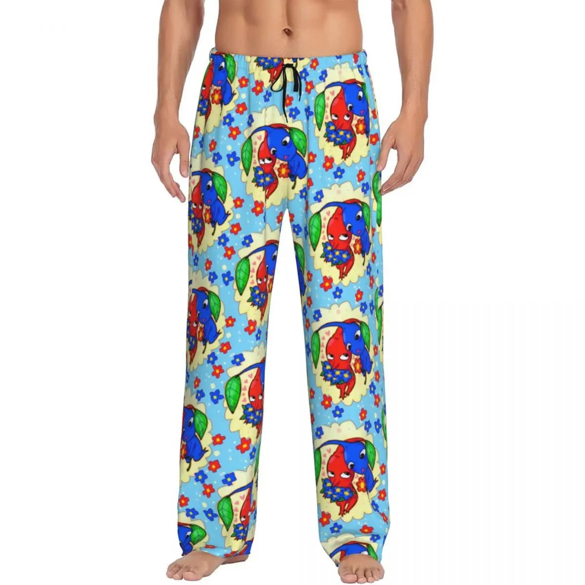 Pikmins Anime Cartoon Personalized Pants Men's Nightwear Elastic Belt Video Games Seating Pants for Sleep with Pockets