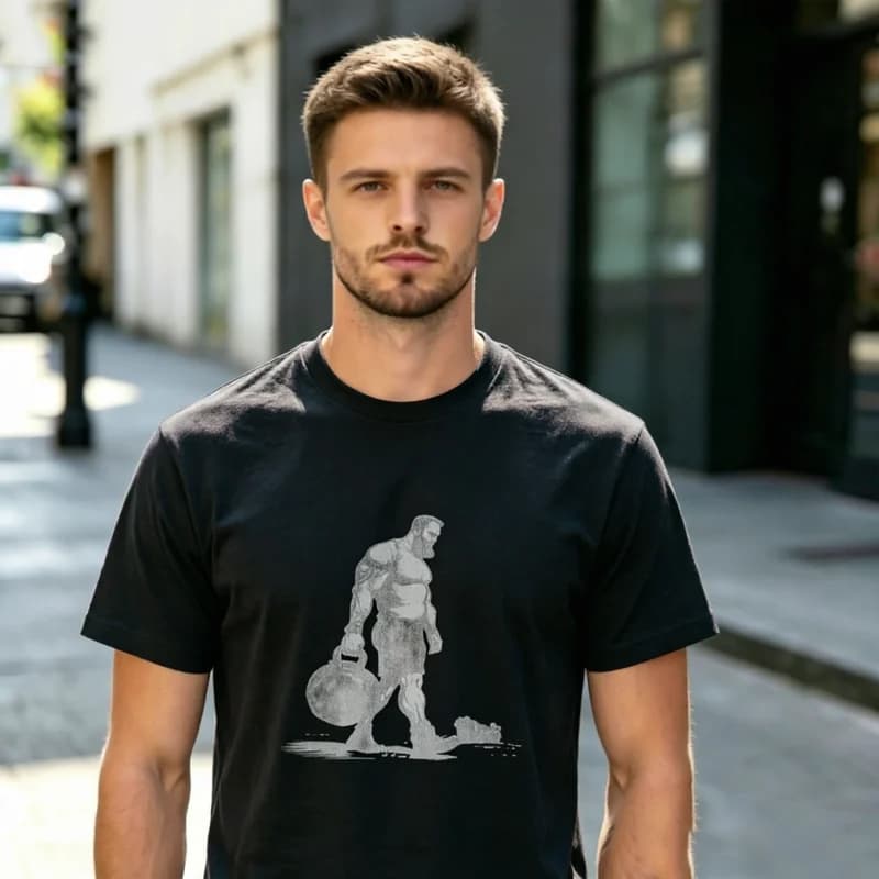 Vintage Gym Kettlebell Strong Man Silhouette Graphic T Shirt Men Cotton Crewneck Fitness Workout Tee Summer Casual Streetwear