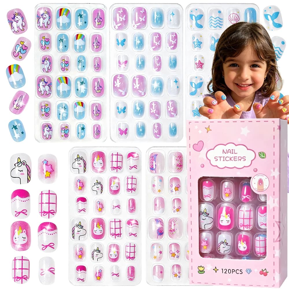120Pcs Children Glitter Acrylic Press On Nails Kawaii Unicorn Butterfly Star False Nails Kids Short Oval Wearable Fake Nail Tips