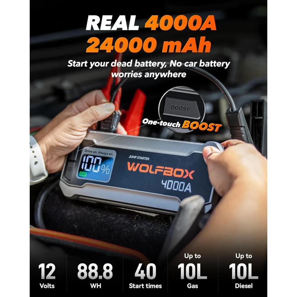 MV24 4000A 12V Avviatore di emergenza per auto Booster Pack con caricatore rapido da 65W Display a LED 24000mAh Banca di alimentazione portatile per auto fino a