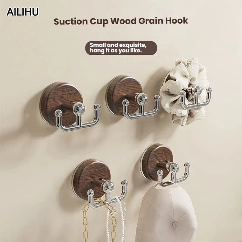 Home Storage Wood Grain Suction Cup Hooks Punch Free Removable Heavy Duty Wall Hanger Bathroom Kitchen Door Towel Key Hat Hook