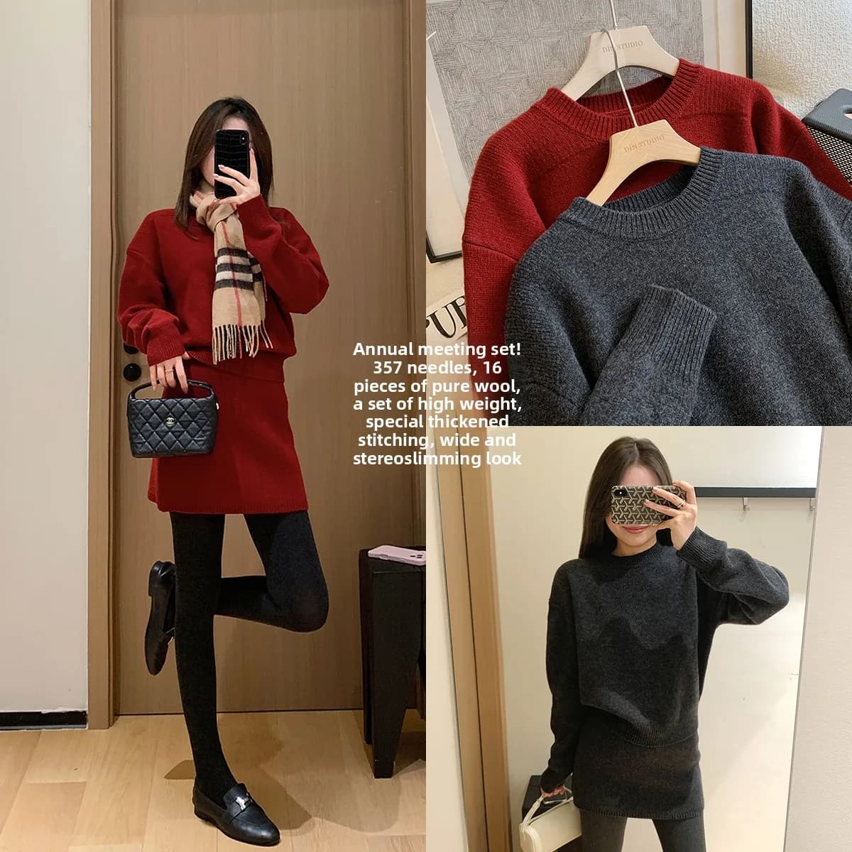 Set Invernale da Donna con Maglione Lavorato a Maglia in Lana e Gonna a Trapezio, Caldo e Casual, Doppio Strato