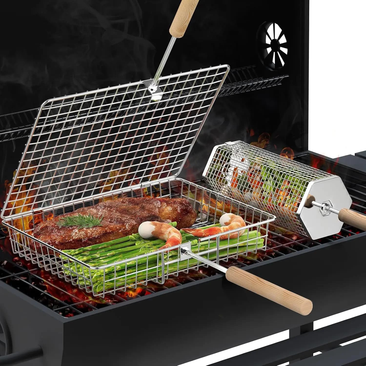 Set di Cestelli per Griglia con Manico in Legno Rimovibile, Utensili BBQ Rotanti in Acciaio Inox 304 per Verdure e Pesce, Regali per Campeggio all'Aperto