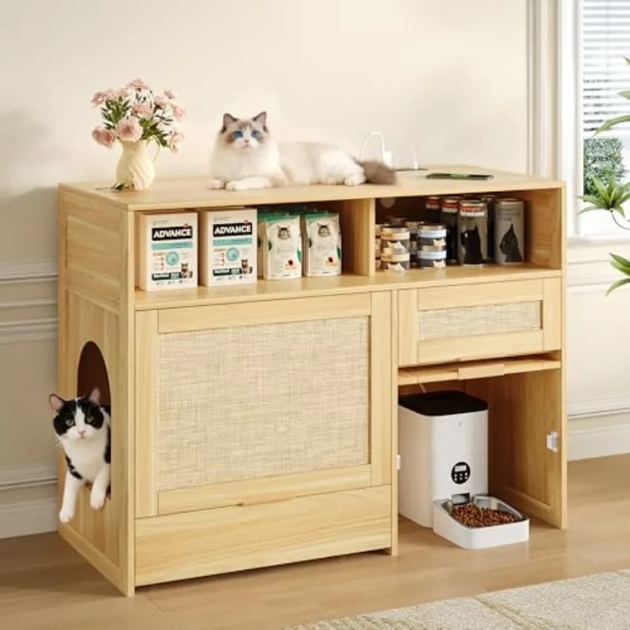 Mobiletto per lettiera per gatti da 42'' con cassetto e contenitore, stile Boho in rattan, bagno per gatti da interno, adatto alla maggior parte delle lettiere