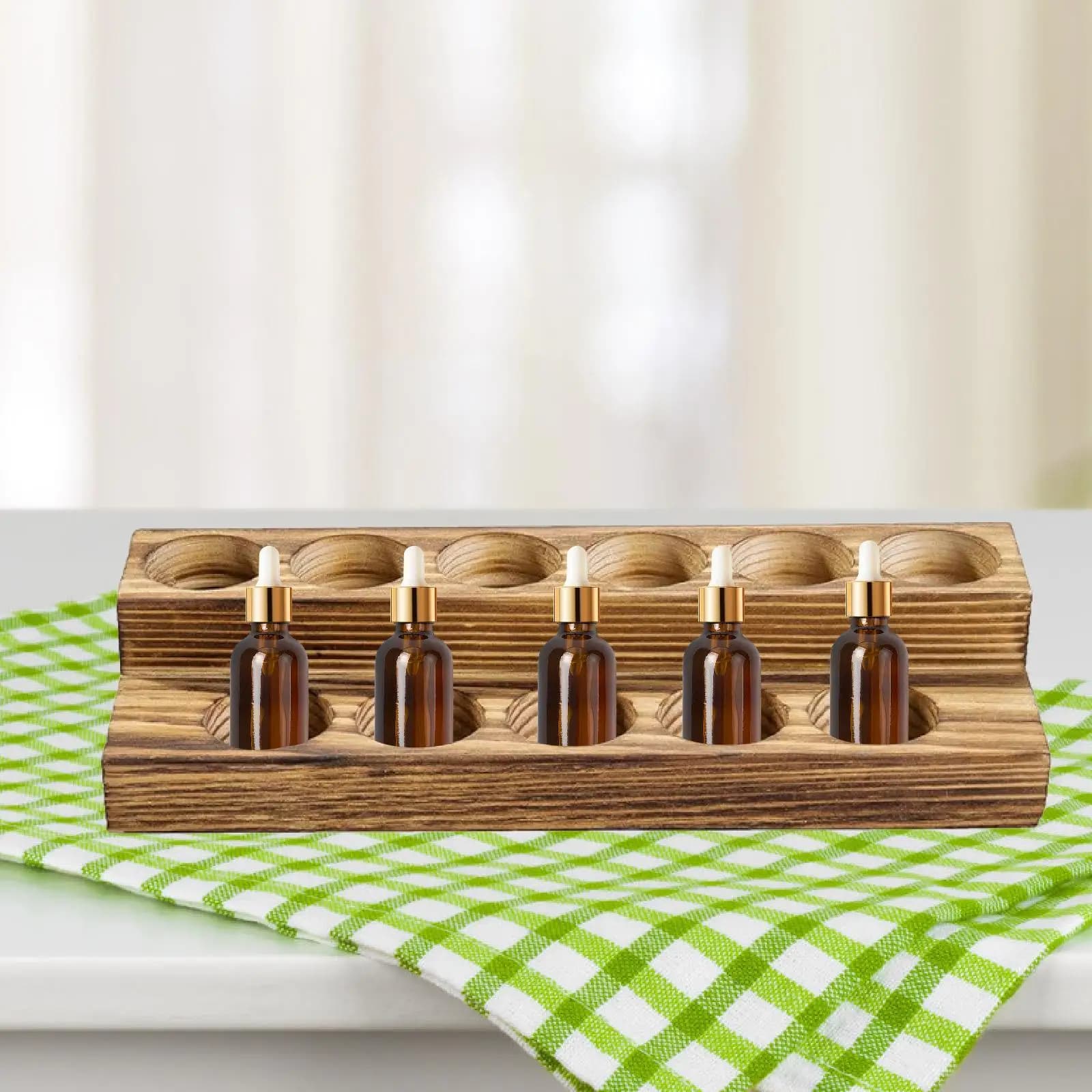 Supporto per bottiglia di olio essenziale in legno, rack a 2 livelli, organizer per supporto vassoio contenitore da tavolo per bottiglie da 15 ml, bottiglia di olio aromatico
