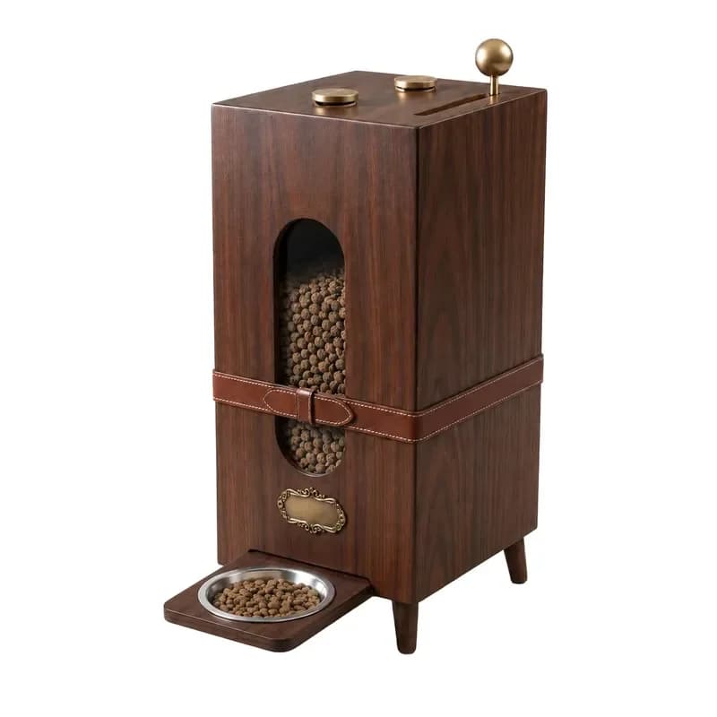 for Modern Luxury Wooden Pet Feeder Cabinet Food Storage with Transparent Window Elevated Bowl Walnut Furniture for Cats Dogs