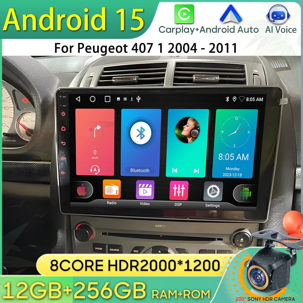 Android 15 Autoradio Per Peugeot 407 1 2004 - 2011 Navigazione GPS Android Auto Carplay Wifi Video Stereo Display Cam 4G No 2din