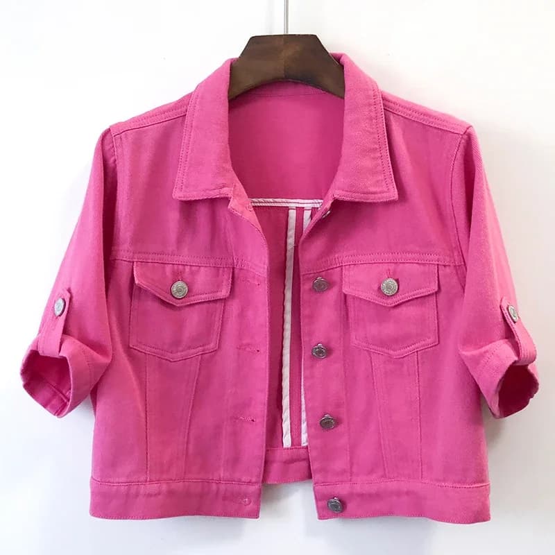 Giacca di Jeans Estiva da Donna, Sottile, Bianca o Rosa, Slim Fit, Corta, Stile Studentesco, con Tasche e Maniche Corte