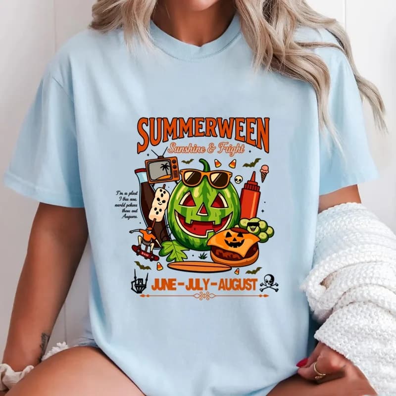 Summerween Watermelon Pumpkin T-Shirt Spooky Summer Graphic Tee Men Women Summer Cotton Short Sleeve Tees Clothing