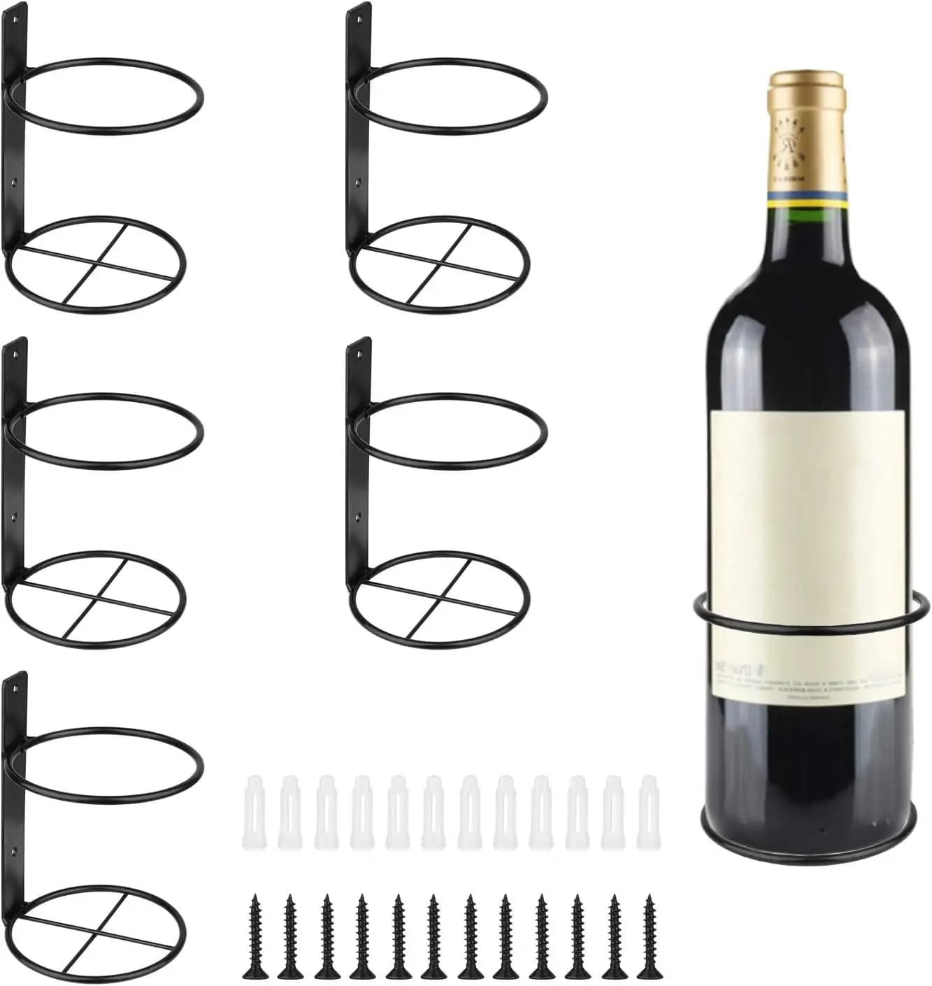 6 Pcs Spiral Wall Mounted Wine Rack, Metal Bottle Display Holder, Black Upward Style