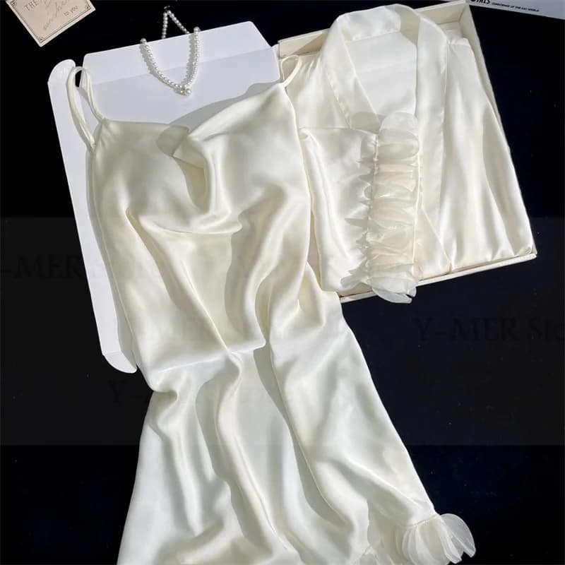 Elegante petali orlo camicia da notte set donna rayon indumenti da notte sexy abito da casa abito corto kimono accappatoio pizzo lingerie intima