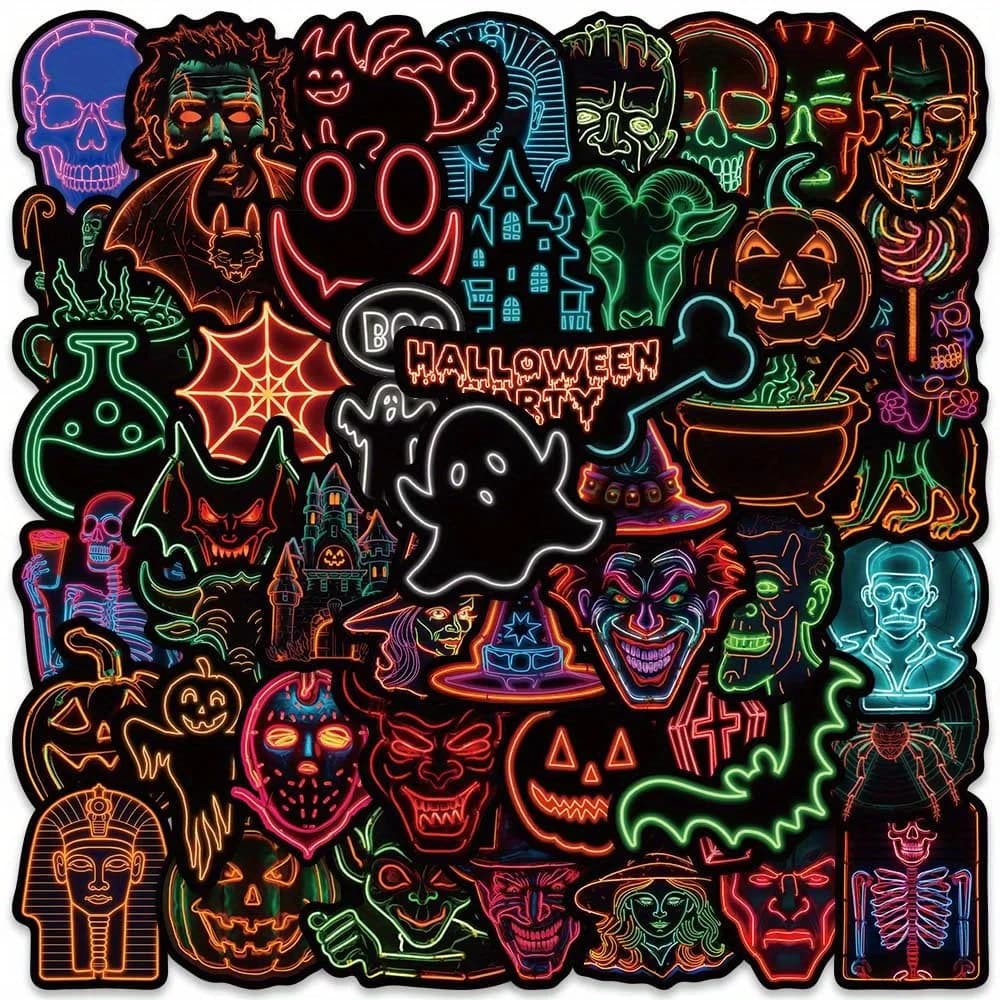 50 Stickers Neon Halloween Cartoon Graffiti - Decalcomanie horror spectral for water bottles, party items, reusable self-adhesive